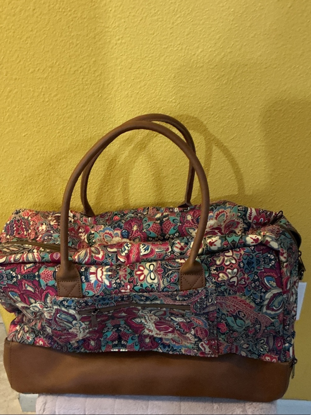 Patterned Travel Tote Bag with Brown Trim nwt Baosha